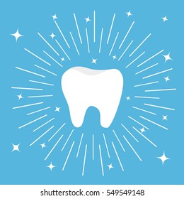 Healthy tooth icon. Round line circle. Oral dental hygiene. Children teeth care. Shining effect stars. Blue background. Flat design. Vector