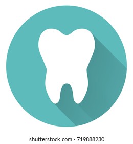 Healthy tooth icon with shadow. Round line circle. Oral dental hygiene. Children teeth care.  Blue background. Flat design. Vector illustration