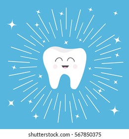 Healthy tooth icon with smiling face. Cute cartoon character. Round line circle. Oral dental hygiene. Children teeth care. Shining effect stars. Blue background. Flat design. Vector illustration