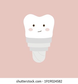 Healthy tooth implant with smile. Healthy tooth concept vector illustration. Isolated on pink background.
