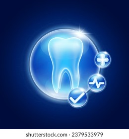 Healthy tooth inside glass bubbles glowing with medical icon cross sign, Heart pulse and Check mark. Medical health care innovation. Human anatomy organ translucent on blue background. Vector.