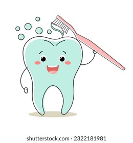 Healthy tooth kawaii character with toothbrush, cute cartoon character. Dental care. Illustration, icon, vector