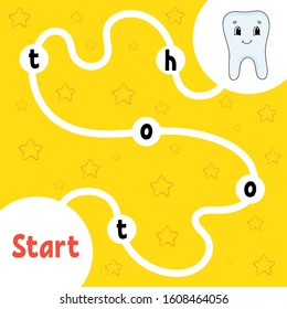 Healthy tooth. Logic puzzle game. Learning words for kids. Find the hidden name. Education developing worksheet. Activity page for study English. Isolated vector illustration. Cartoon style.