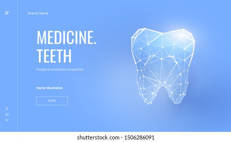 Healthy tooth low poly landing page template. 3d molar polygonal illustration. Stomatology clinic homepage mockup. Dentistry services mesh art banner. Teeth treatment website page design layout