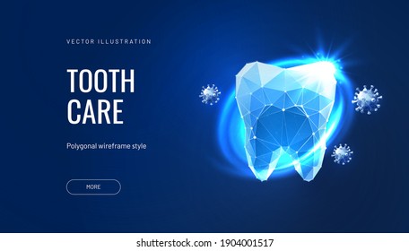 Healthy tooth low poly landing page template. 3d molar polygonal illustration. Stomatology clinic homepage mockup. Dentistry services mesh art banner. Teeth treatment website page design layout