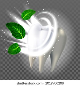 Healthy Tooth And Natural Aroma Mint Leaf Vector. White Tooth With Health Enamel Dental Protection And Sparkle. Aromatic Mouth Smell And Healthcare Template Realistic 3d Illustration