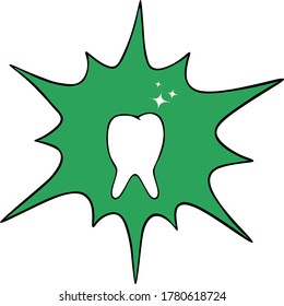 Healthy tooth. Radiates whiteness. Green background in the form of a blot. Vector icon. Isolated white background. Medical topics. Cartoon style. Idea for web design. Enamel coating. Snow-white tooth.