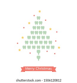 healthy tooth in the shape of Christmas tree for Merry Christmas and Happy New Year, dental care concept - teeth cartoon vector flat style cute character for design
