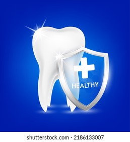 Healthy tooth and shield aluminum transparent. Teeth healthy sparkling white with Calcium, Fluorine and Phosphorus. Used in children dentist clinic. Medical dentistry concept. 3D Realistic Vector.