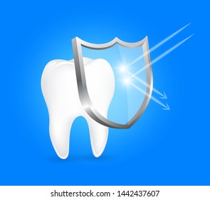 Healthy tooth with shield. Anti-caries protection, dental care concept. Illustration on blue background