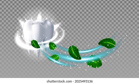 Healthy Tooth Smelling Natural Mint Aroma Vector. White Tooth Brushing Fresh Aroma Toothpaste And Plant Green Leaves With Sparkle. Mouth Hygienic Procedure Template Realistic 3d Illustration