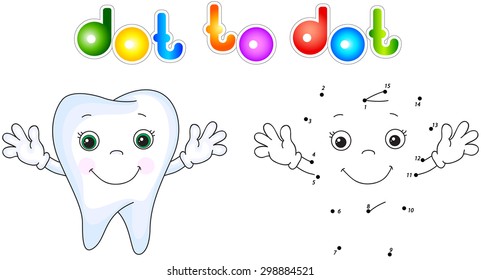 Healthy tooth smiling. Connect dots and get image. Educational game for kids. Vector illustration