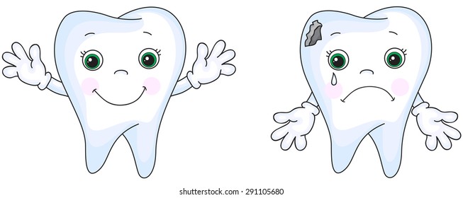 Healthy tooth smiling. Sick tooth crying. Sick tooth has caries hole. Vector cartoon illustration
