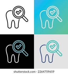 Healthy tooth thin line icon: tooth under magnifier with check mark. Preventive dentistry. Dental care. Vector illustration.