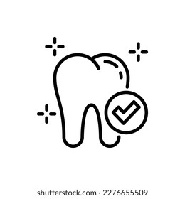 Icono de línea delgada dental saludable: diente con marca de verificación. Odontología preventiva. Atención dental. Ilustración vectorial.