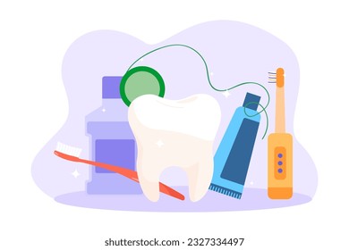 Dientes sanos y herramientas para limpiar la ilustración vectorial de dientes. Pinceles de dientes plásticos y eléctricos, pasta dental, hilo dental, enjuague bucal. Odontología, odontología, higiene bucal, concepto de salud