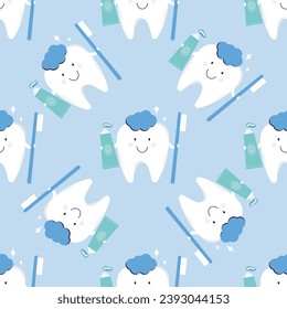 Healthy tooth with toothpaste and toothbrush, seamless pattern. Strong healthy teeth, texture wallpaper. Cute, smiling and happy tooth. Teeth care and hygiene. vector illustration, blue background