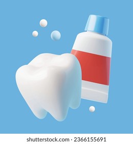 Diente sano con tubo de pasta dental. Símbolo de la higiene y limpieza de dientes, la salud dental ilustraciones vectoriales realistas aisladas en fondo azul.