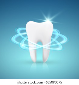 Healthy Tooth Under Protection, Teeth Whitening, Glowing Effect, Vector Illustration