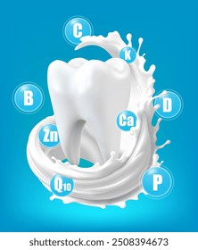 Dente saudável com vitaminas de leite branco de ouro mineral. Cápsula de gota brilhante. Nutrientes essenciais para dentes, cálcio, zinco. Conceitos médicos e de saúde. Oscilações de gradiente de malha 3D.