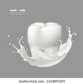 Healthy tooth with white milk or yogurt wave splash, calcium nutrition or dairy product vector isolated 3d milk swirl flowing around teeth and roots with realistic drops and splatters