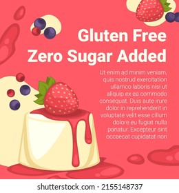 Healthy traditional desserts, cheesecake with strawberries and blueberries on top. Topping and jam icing on creamy cake base. Advertisement banner, ads marketing poster. Vector in flat style