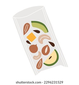 Healthy trail mix icon, vector doodle illustration of fruits and nuts pack, vegan snack on the go, sugar free sweet protein food, isolated colored clipart on white background