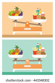 Healthy and unhealthy diets comparison with vegetables and junk food on a weight scale