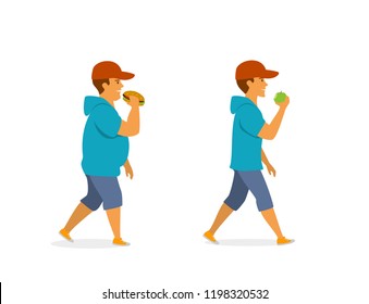 healthy and unhealthy eating habits, before and after vector illustration