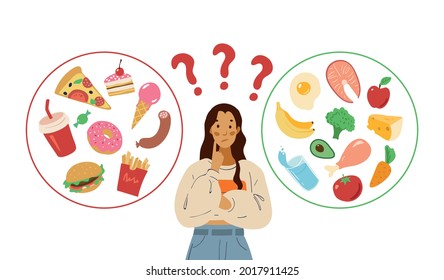 Healthy and unhealthy food. Food choice concept. A young girl makes a choice between fast food, sweet and fatty foods, or natural organic products. Colored flat vector illustration isolated on white