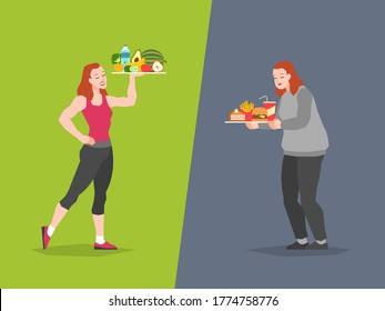 Healthy And Unhealthy Food Choice. Fast Food Vs Balanced Menu Comparison Calories, Female Dieting And Healthy Eating, Bad Or Good Choose, Vector Concept