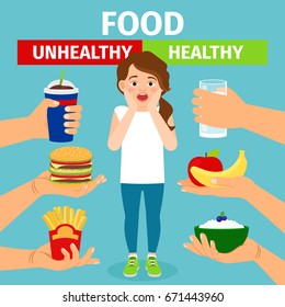 Healthy and unhealthy food choice. Girl think about diet eating. Fatty meal against fruits and water vector illustration