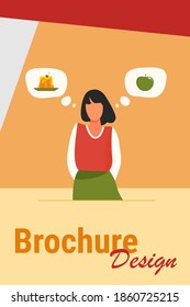 Healthy and unhealthy food choice. Woman choosing between cake and fresh apple flat vector illustration. Lifestyle, eating, diet concept for banner, website design or landing web page