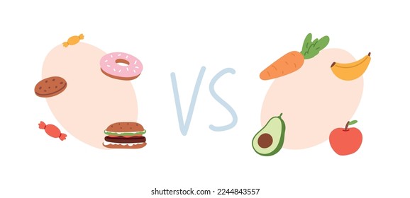 Comida saludable y poco saludable Concepto. Elección entre nutrición. Comida rápida, tentempiés, comida dulce y grasa frente a fructosa. Ilustración vectorial plana