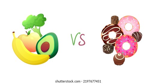 Healthy And Unhealthy Food. The Concept Of Choosing Between Good And Bad Food. Fast Food And Sugary Food Versus A Balanced Set Of Foods. Color Flat Vector Illustration Isolated On White Background