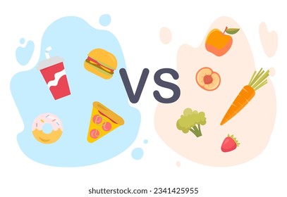 Healthy and unhealthy food concept. Hamburger, soda, donut and pizza versus fruits and vegetables with vitamin. Fast food with carrot and broccoli. Cartoon flat vector illustration