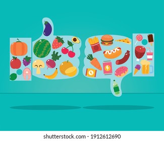 healthy and unhealthy food design with hand with thumbs up and down over turquoise background, colorful design, vector illustration