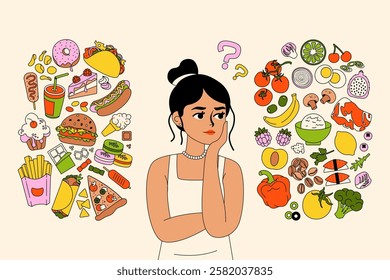 Healthy or unhealthy food. Fastfood vs health nutrition, woman chooses between good and bad meal, girl with junk snack and diet balanced meal. Vector cartoon illustration.