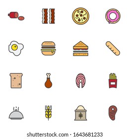Healthy and unhealthy food filled outline icons set, line vector symbol collection, linear colorful pictogram pack. Signs, logo illustration, Set includes icons as fruit, vegetable, junk food, bread