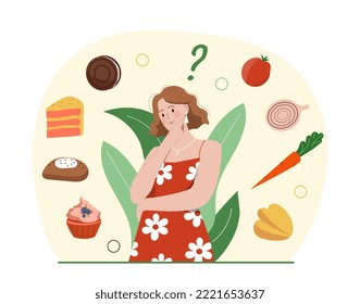 Alimentos sanos e insalubres. Las niñas eligen entre comida rápida y verduras. dieta adecuada y vegetariana. Comparación de pasteles y muffins con zanahorias y tomates. Dibujo vectorial plano de dibujos animados