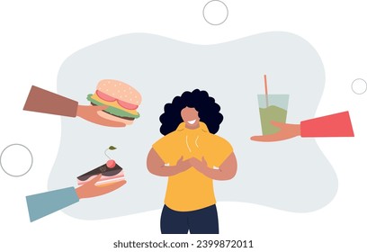Healthy and unhealthy food. Girl offered vegetables and sweets. Difficult choice between active and sedentary lifestyle,flat vector illustration.