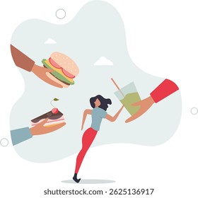 Healthy and unhealthy food. Girl offered vegetables and sweets. Difficult choice between active and sedentary lifestyle, character life .