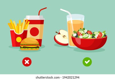 Healthy and unhealthy food. Greek salad with natural apple juice. French fries, burger with soda. Vector illustration in flat trendy style.