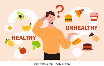 Healthy and unhealthy food. Man compares diets and chooses lifestyle. Burger, pizza and hot dog vs banana, lemon, apple, avocado, broccoli and scrambled eggs. Cartoon flat vector illustration