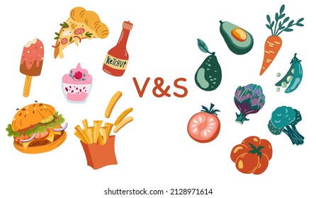 Healthy and unhealthy food. Organic vegetables and fruits. Fast food, burger, pizza, ice cream, cake, ketchup and French fries. Concept of choosing between good and bad nutrition. Vector Illustration