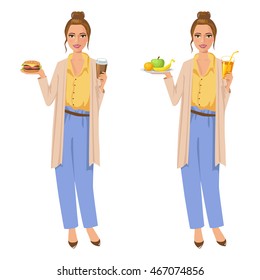  Healthy and unhealthy food. Set of two girl (full length view), first one is holding a sandwich and a coffee, second a plate of fruits and a glass of juice. Vector illustration isolated on white.