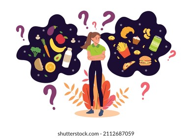 Healthy and unhealthy food. Woman chooses diet. Taking care of your health, motivation, sports and fitness. Question marks, temptation and weak will, doubts. Cartoon flat vector illustration