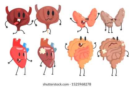 Healthy And Unhealthy Human Internal Organs Cartoon Character Set, Bladder, Heart, Lungs, Intestines Vector Illustration