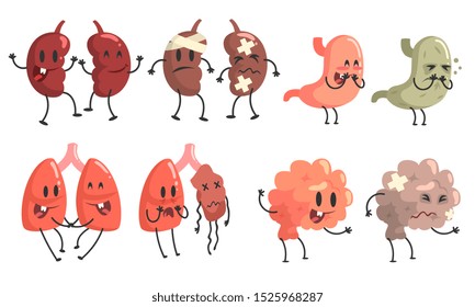 Healthy and Unhealthy Human Internal Organs Cartoon Character Set, Kidneys, Stomach, Brain, Lung, Thyroid Vector Illustration