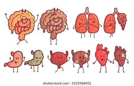 Healthy And Unhealthy Human Internal Organs Cartoon Character Set, Bladder, Heart, Lungs, Intestines, Stomach Vector Illustration